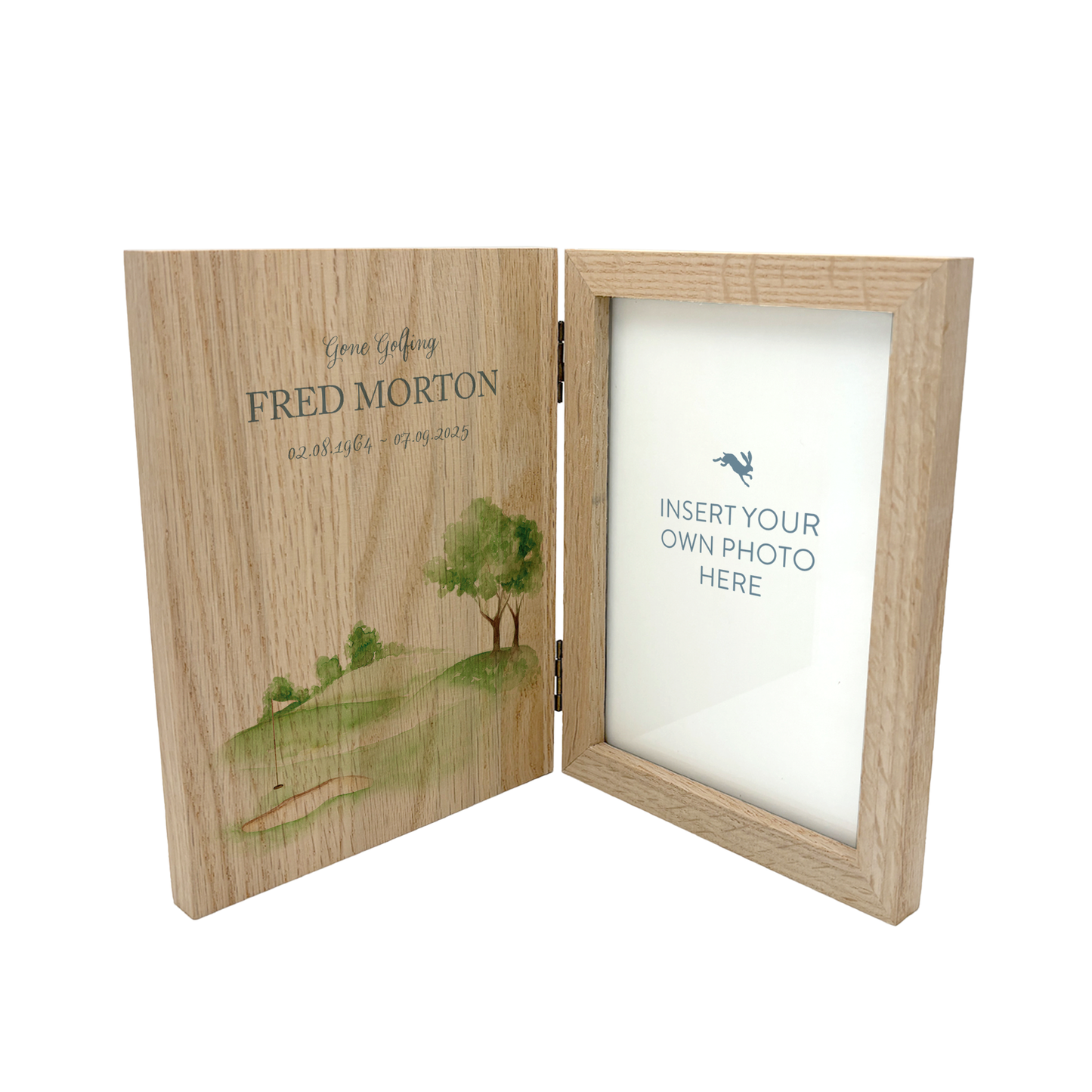 Memorial Solid Oak Photo Frame, personalise with your own message or select from our drop down selection. handmade watercolour paintings, this design features a Golf golf Green. Perfect for Grandad, Dad, Uncle, Brother