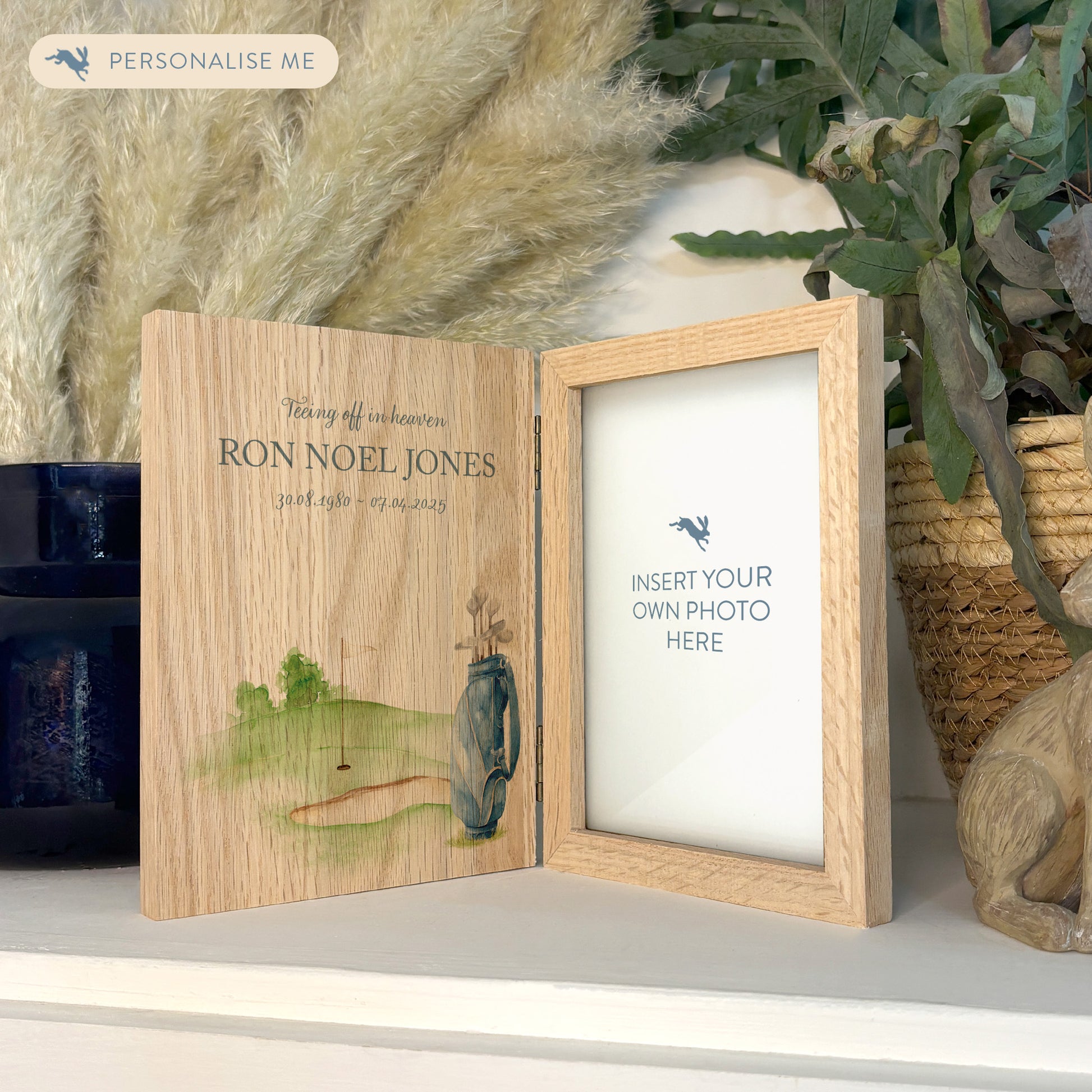 Memorial Solid Oak Photo Frame, personalise with your own message or select from our drop down selection. handmade watercolour paintings, this design features a Golf Bag sat on a golf Green. Perfect for Grandad, Dad, Uncle, Brother