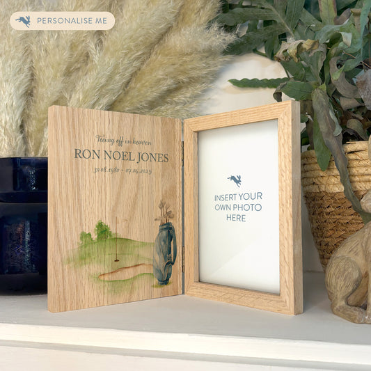 Memorial Solid Oak Photo Frame, personalise with your own message or select from our drop down selection. handmade watercolour paintings, this design features a Golf Bag sat on a golf Green. Perfect for Grandad, Dad, Uncle, Brother