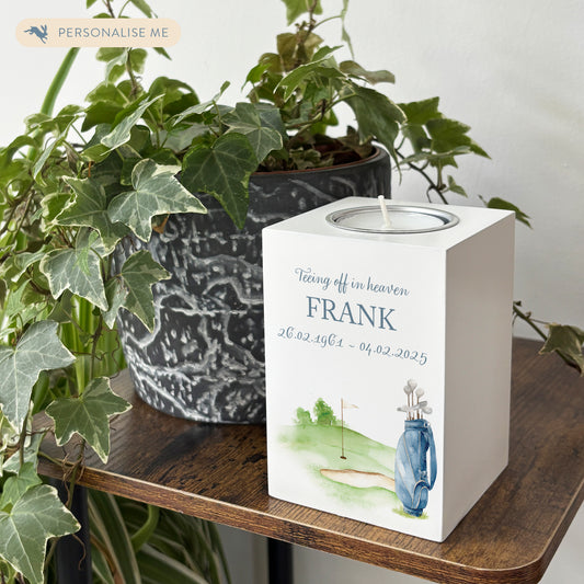 wooden cuboid luxury tealight holder with gorgeous personalised options . Each product is lovingly designed, handmade with our Countryside inspired watercolour designs. This design features a Golf bag on a golf green, perfect for Brother, Dad, Son or Grandad. unique designs to remember a loved on, great for memorial occasions 