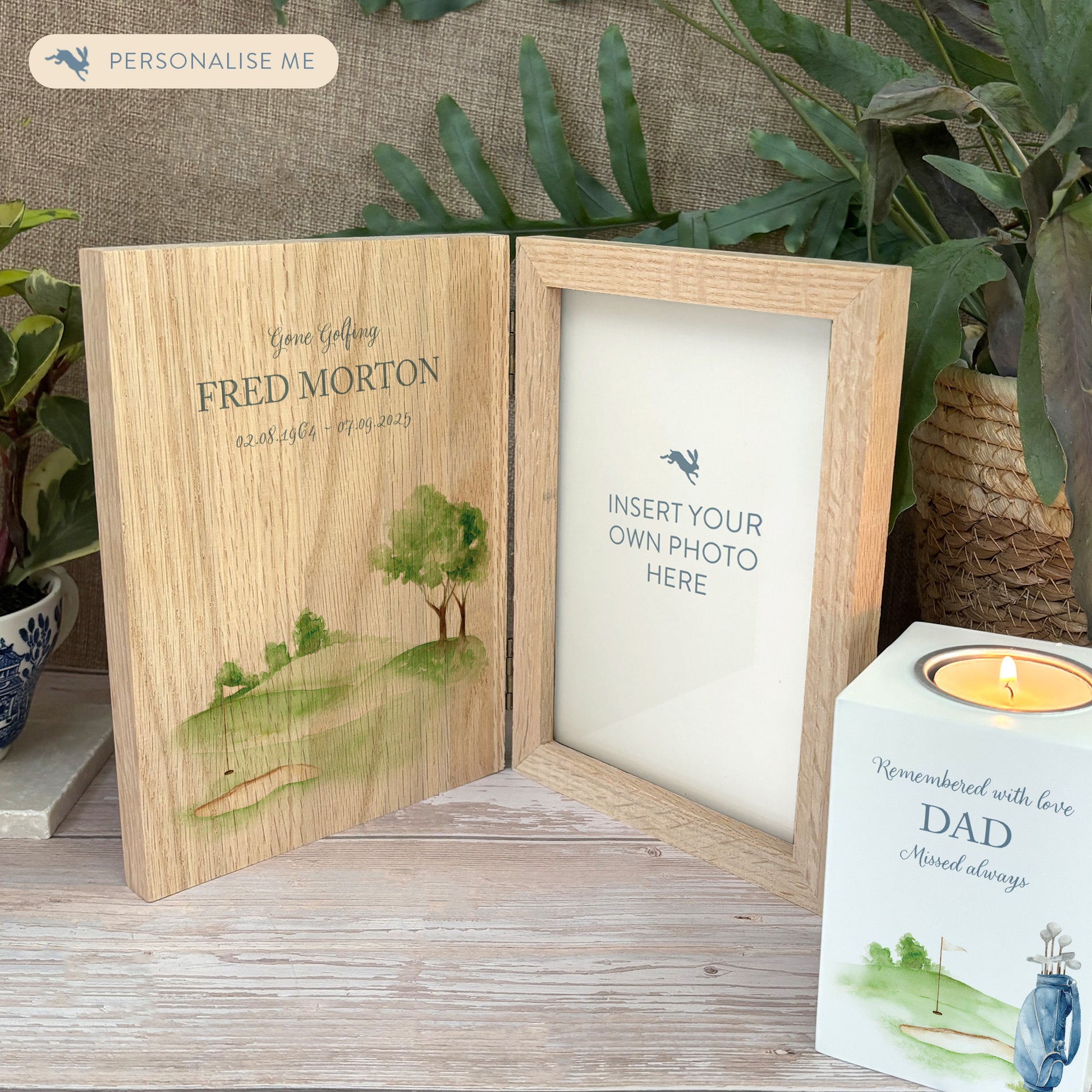 Memorial Solid Oak Photo Frame, personalise with your own message or select from our drop down selection. handmade watercolour paintings, this design features a Golf golf Green. Perfect for Grandad, Dad, Uncle, Brother