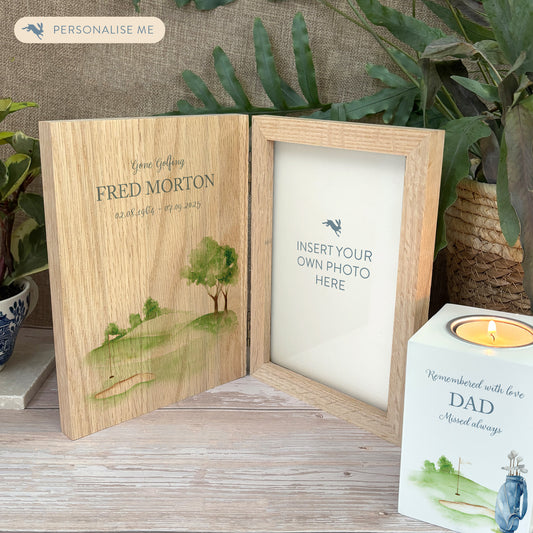 Memorial Solid Oak Photo Frame, personalise with your own message or select from our drop down selection. handmade watercolour paintings, this design features a Golf golf Green. Perfect for Grandad, Dad, Uncle, Brother