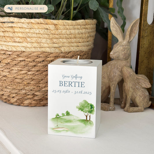 wooden cuboid luxury tealight holder with gorgeous personalised options . Each product is lovingly designed, handmade with our Countryside inspired watercolour designs. This design features a Golf Green, perfect for Brother, Dad, Son or Grandad. unique designs to remember a loved on, great for memorial occasions 