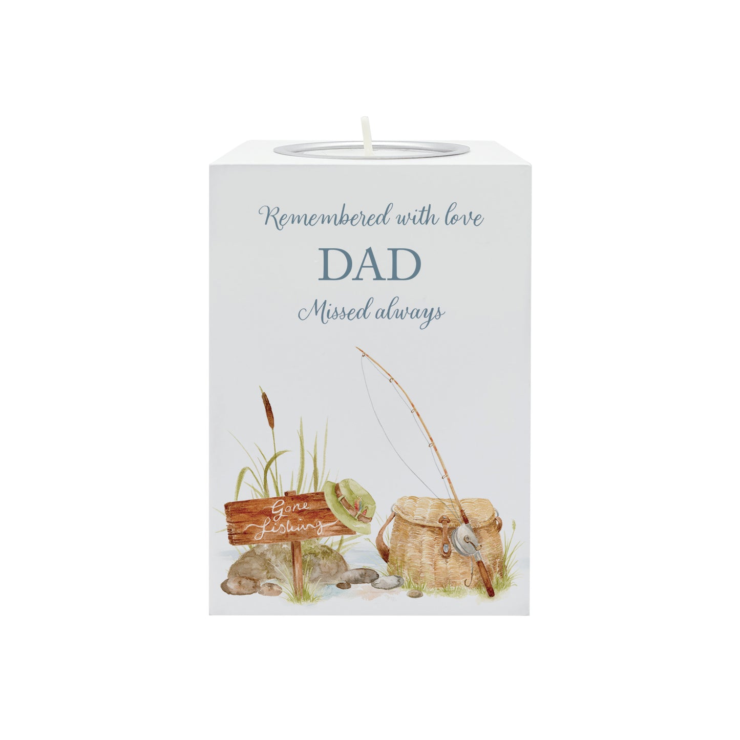 wooden cuboid luxury tealight holder with gorgeous personalised options . Each product is lovingly designed, handmade with our Countryside inspired watercolour designs. This design features a fishing scene with a rod and fishing bag, perfect for Brother, Dad, Son or Grandad. unique designs to remember a loved on, great for memorial occasions 