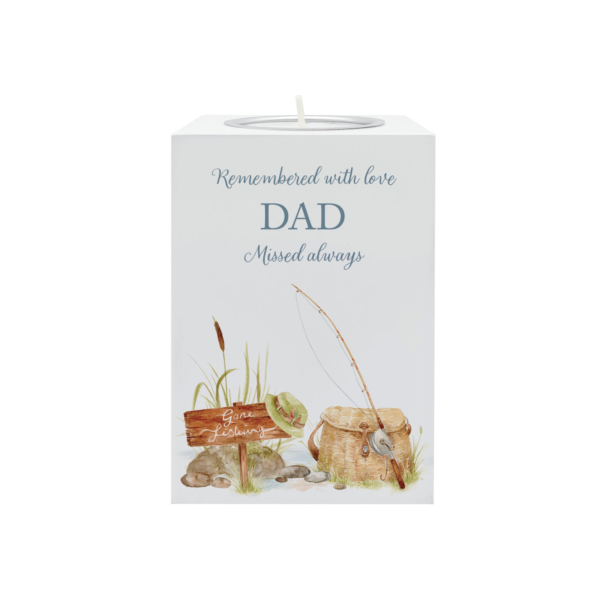 wooden cuboid luxury tealight holder with gorgeous personalised options . Each product is lovingly designed, handmade with our Countryside inspired watercolour designs. This design features a fishing scene with a rod and fishing bag, perfect for Brother, Dad, Son or Grandad. unique designs to remember a loved on, great for memorial occasions 