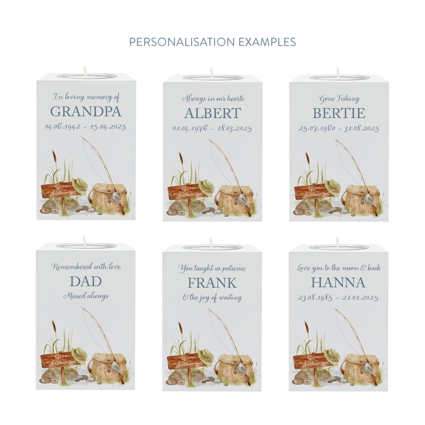 wooden cuboid luxury tealight holder with gorgeous personalised options . Each product is lovingly designed, handmade with our Countryside inspired watercolour designs. This design features a fishing scene with a rod and fishing bag, perfect for Brother, Dad, Son or Grandad. unique designs to remember a loved on, great for memorial occasions 