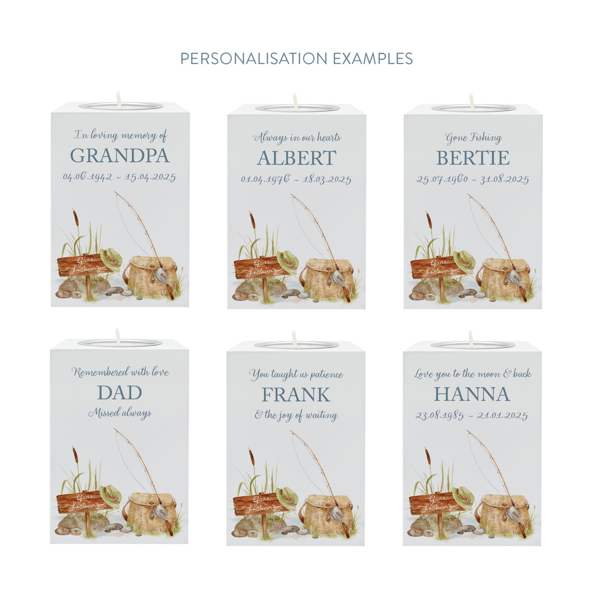 wooden cuboid luxury tealight holder with gorgeous personalised options . Each product is lovingly designed, handmade with our Countryside inspired watercolour designs. This design features a fishing scene with a rod and fishing bag, perfect for Brother, Dad, Son or Grandad. unique designs to remember a loved on, great for memorial occasions 