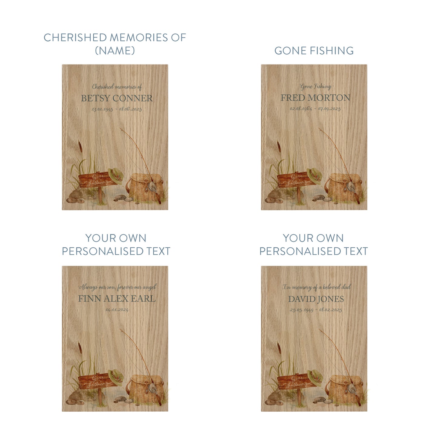 Memorial Solid Oak Photo Frame, personalise with your own message or select from our drop down selection. handmade watercolour paintings, this design features a fishing scene for the fishing lover, Perfect for Grandad, Dad, Uncle, Brother