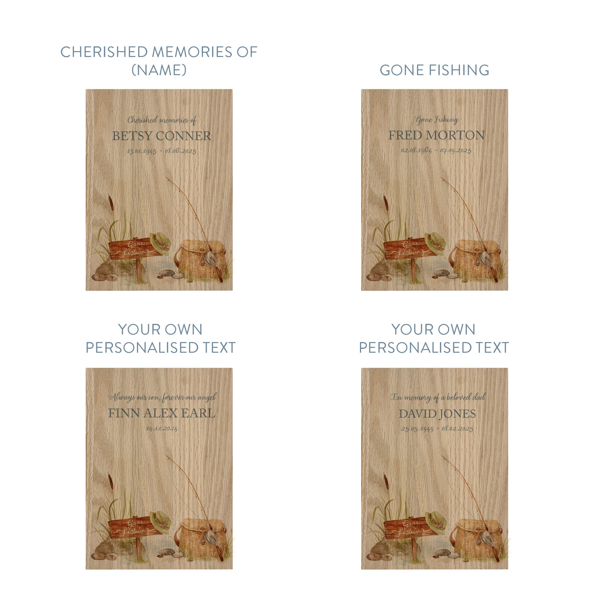 Memorial Solid Oak Photo Frame, personalise with your own message or select from our drop down selection. handmade watercolour paintings, this design features a fishing scene for the fishing lover, Perfect for Grandad, Dad, Uncle, Brother