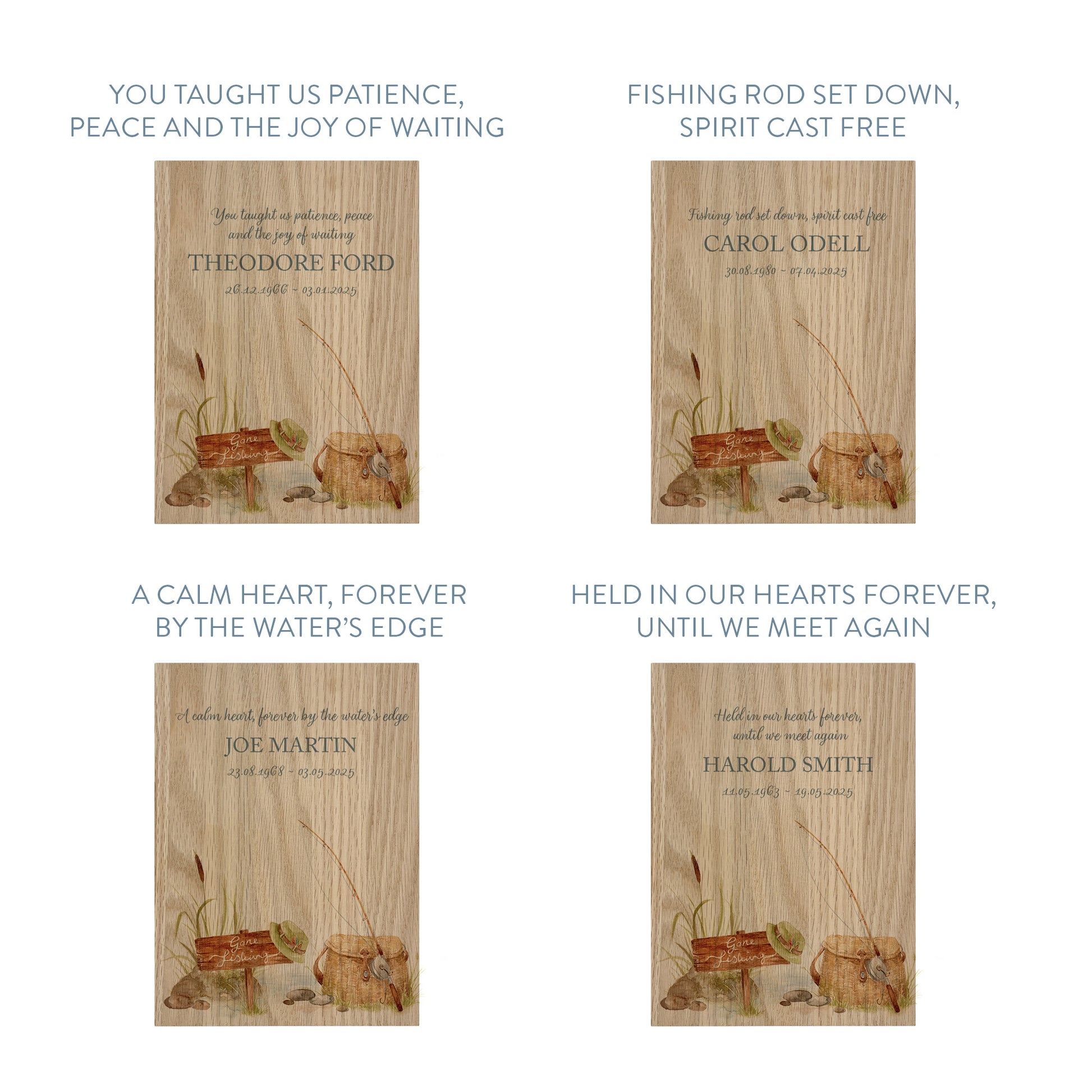 Memorial Solid Oak Photo Frame, personalise with your own message or select from our drop down selection. handmade watercolour paintings, this design features a fishing scene for the fishing lover, Perfect for Grandad, Dad, Uncle, Brother