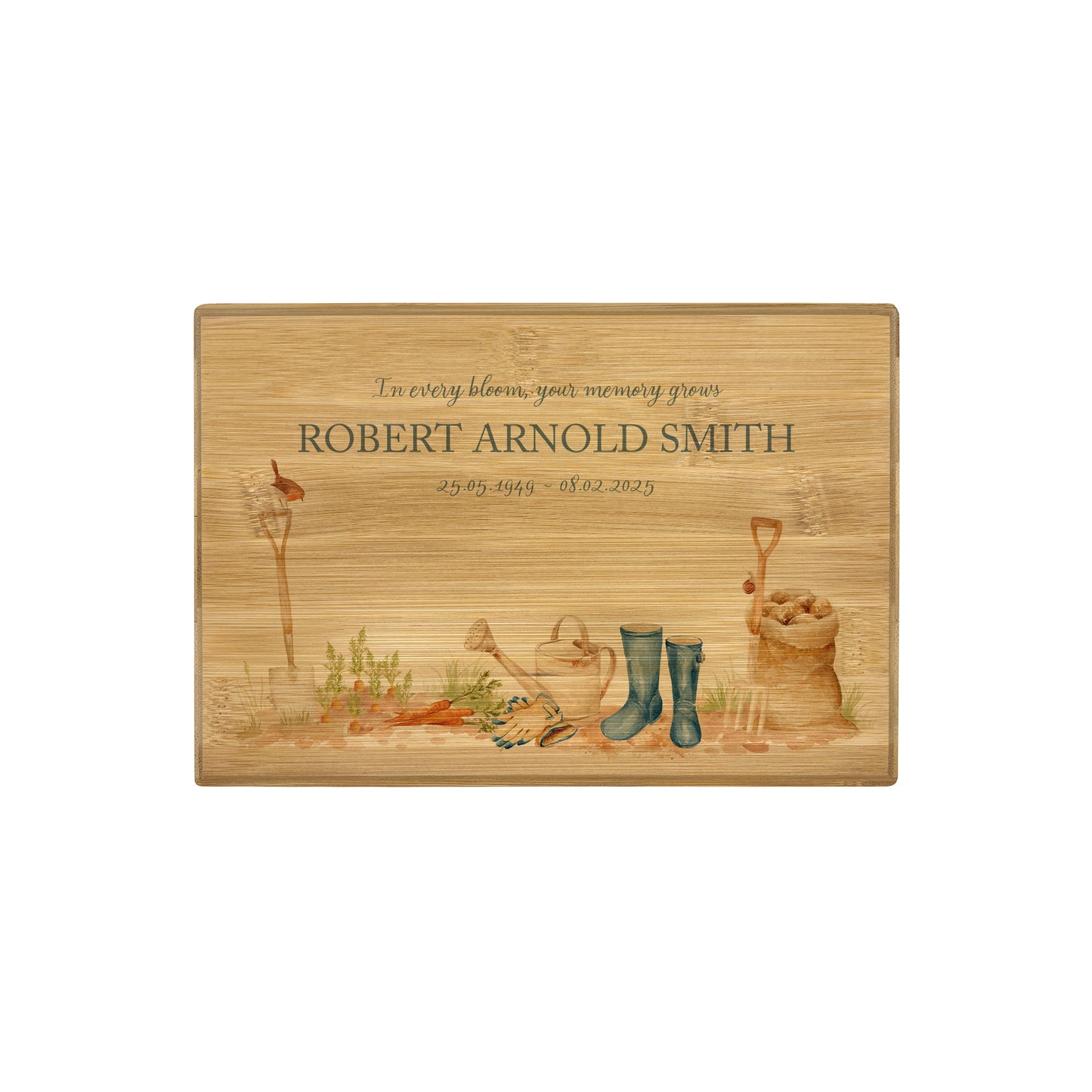 A beautifully crafted solid Bamboo wooden urn, personalised and finished with a soft watercolour design of a Gardening scene with wellies, vegetables and a robin sat on a spade. Perfect for the gardening lover Thoughtfully made for either display or burial, this personalised urn can be customised to create a meaningful memorial. Perfect for holding ashes of a loved one or a beloved pet, it serves as a comforting tribute and keepsake. 