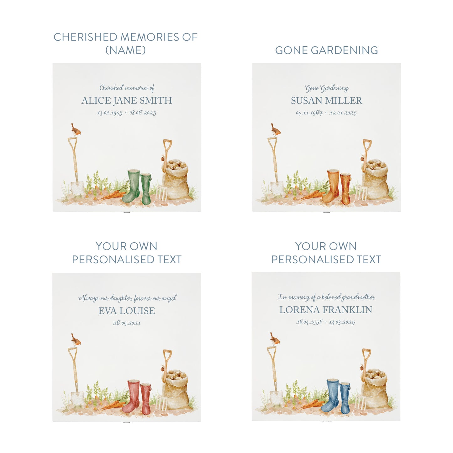 White Square personalised Wooden box with a decorative lid featuring illustrations of a Garden Scene, perfect for Granny, Mum, Grandma, Grandad, Dad who loved to be in the Garden  Perfect funeral memory keepsake box, for storing ashes, order of service, flowers and capturing your loved ones things in one place. 