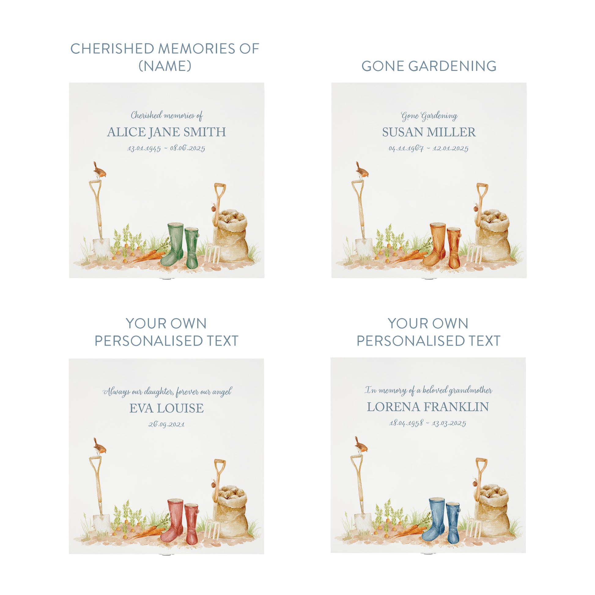 White Square personalised Wooden box with a decorative lid featuring illustrations of a Garden Scene, perfect for Granny, Mum, Grandma, Grandad, Dad who loved to be in the Garden  Perfect funeral memory keepsake box, for storing ashes, order of service, flowers and capturing your loved ones things in one place. 