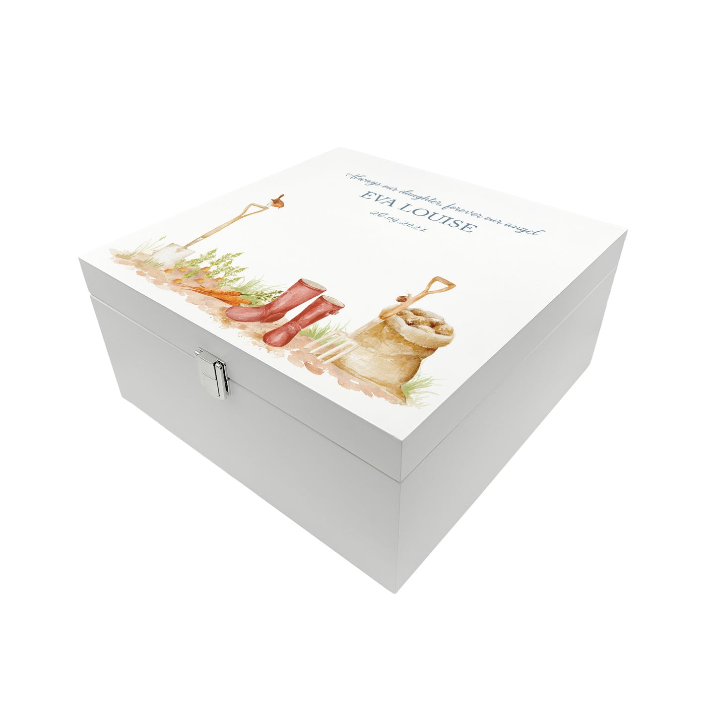 White Square personalised Wooden box with a decorative lid featuring illustrations of a Garden Scene, perfect for Granny, Mum, Grandma, Grandad, Dad who loved to be in the Garden  Perfect funeral memory keepsake box, for storing ashes, order of service, flowers and capturing your loved ones things in one place. 