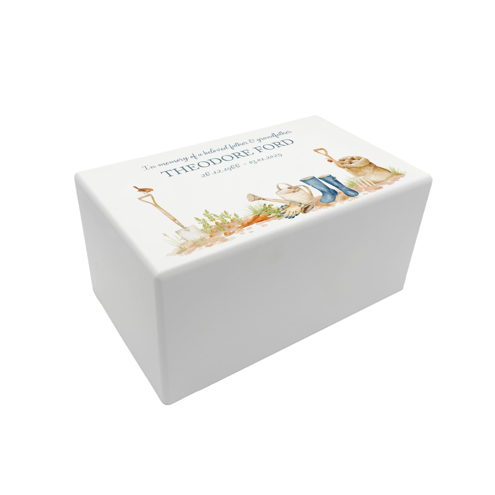 A beautifully crafted solid wooden urn, finished in white with a soft watercolour design for the avid Gardener "Gone Gardening" Thoughtfully made for either display or burial, this personalised urn can be customised to create a meaningful memorial. Perfect for holding ashes of a loved one or a beloved pet, it serves as a comforting tribute and keepsake.