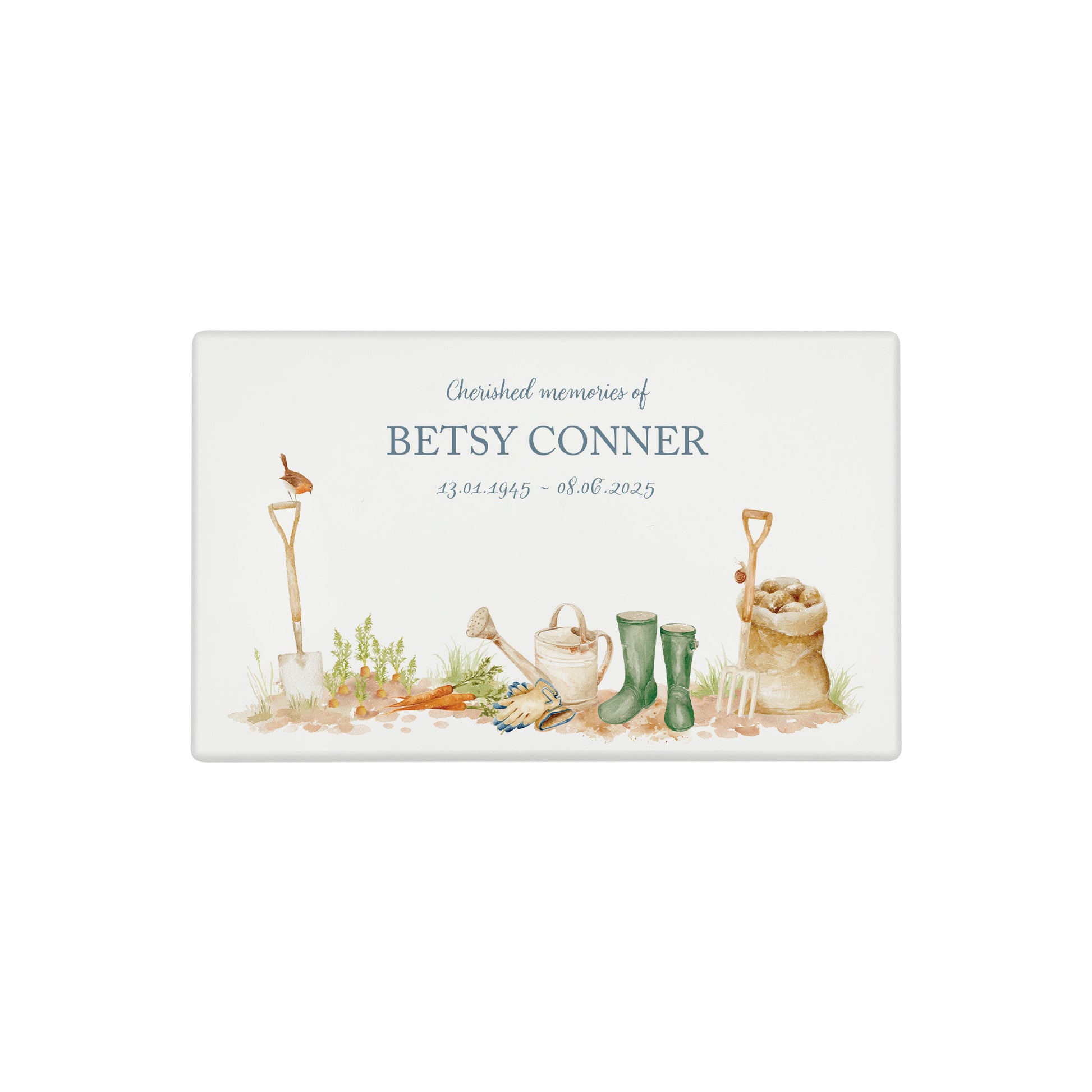A beautifully crafted solid wooden urn, finished in white with a soft watercolour design for the avid Gardener "Gone Gardening" Thoughtfully made for either display or burial, this personalised urn can be customised to create a meaningful memorial. Perfect for holding ashes of a loved one or a beloved pet, it serves as a comforting tribute and keepsake.