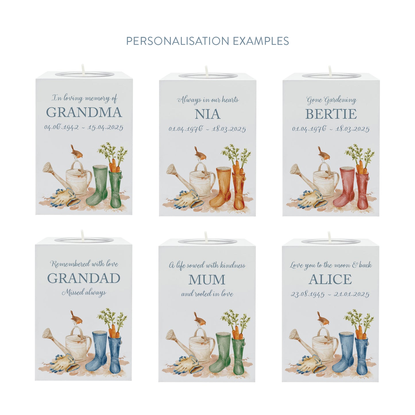 wooden cuboid luxury tealight holder with gorgeous personalised options . Each product is lovingly designed, handmade with our Countryside inspired watercolour designs. This design features a Garden Scene, unique designs to remember a loved on, great for memorial occasions 