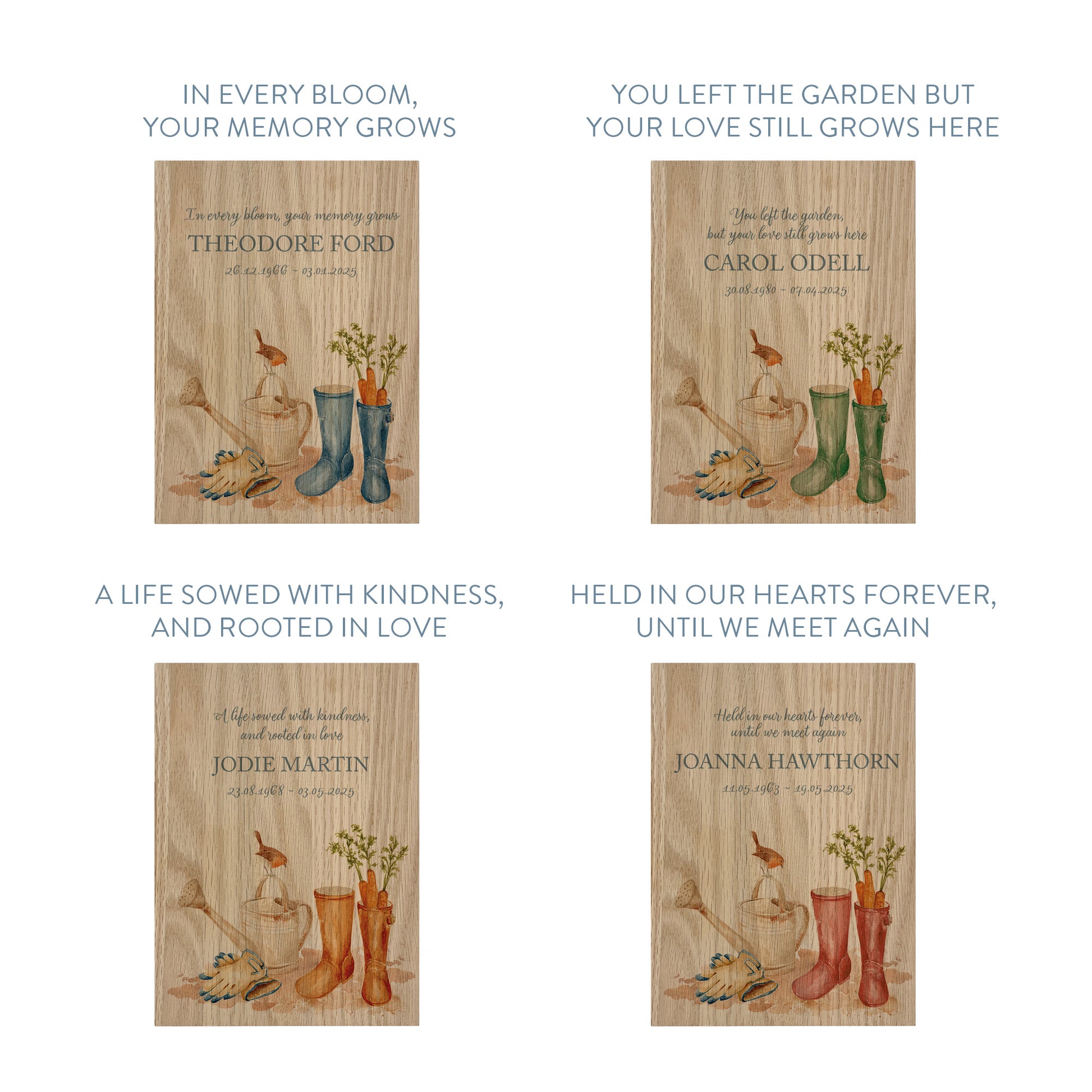 Memorial Solid Oak Photo Frame, personalise with your own message or select from our drop down selection. handmade watercolour paintings, this design features a garden scene with wellies in various colours, a watering can and a robin to symbolise a love one is near. 