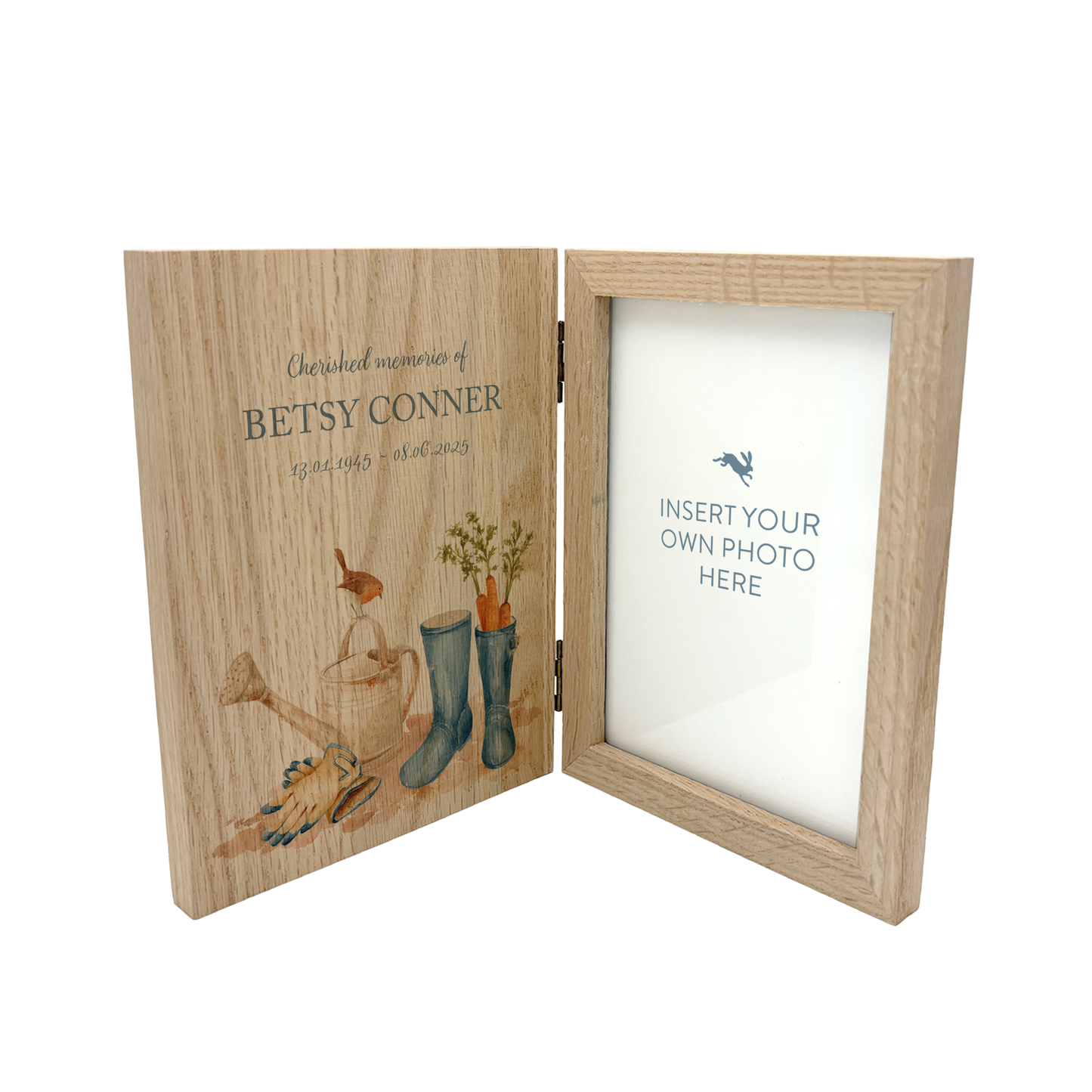 Memorial Solid Oak Photo Frame, personalise with your own message or select from our drop down selection. handmade watercolour paintings, this design features a garden scene with wellies in various colours, a watering can and a robin to symbolise a love one is near. 