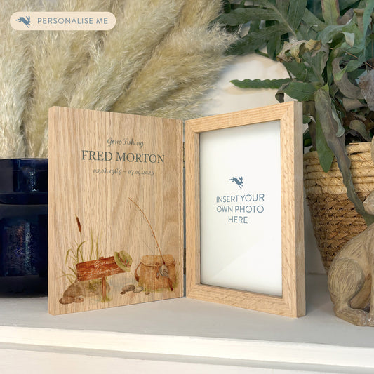 Memorial Solid Oak Photo Frame, personalise with your own message or select from our drop down selection. handmade watercolour paintings, this design features a fishing scene for the fishing lover, Perfect for Grandad, Dad, Uncle, Brother