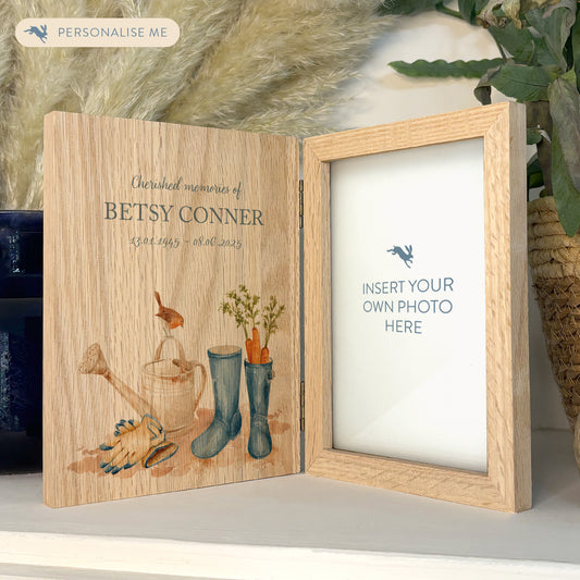 Memorial Solid Oak Photo Frame, personalise with your own message or select from our drop down selection. handmade watercolour paintings, this design features a garden scene with wellies in various colours, a watering can and a robin to symbolise a love one is near. 