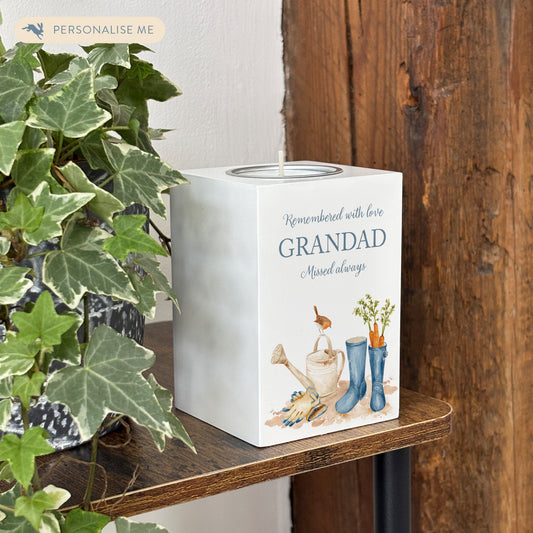 wooden cuboid luxury tealight holder with gorgeous personalised options . Each product is lovingly designed, handmade with our Countryside inspired watercolour designs. This design features a Garden Scene, unique designs to remember a loved on, great for memorial occasions 