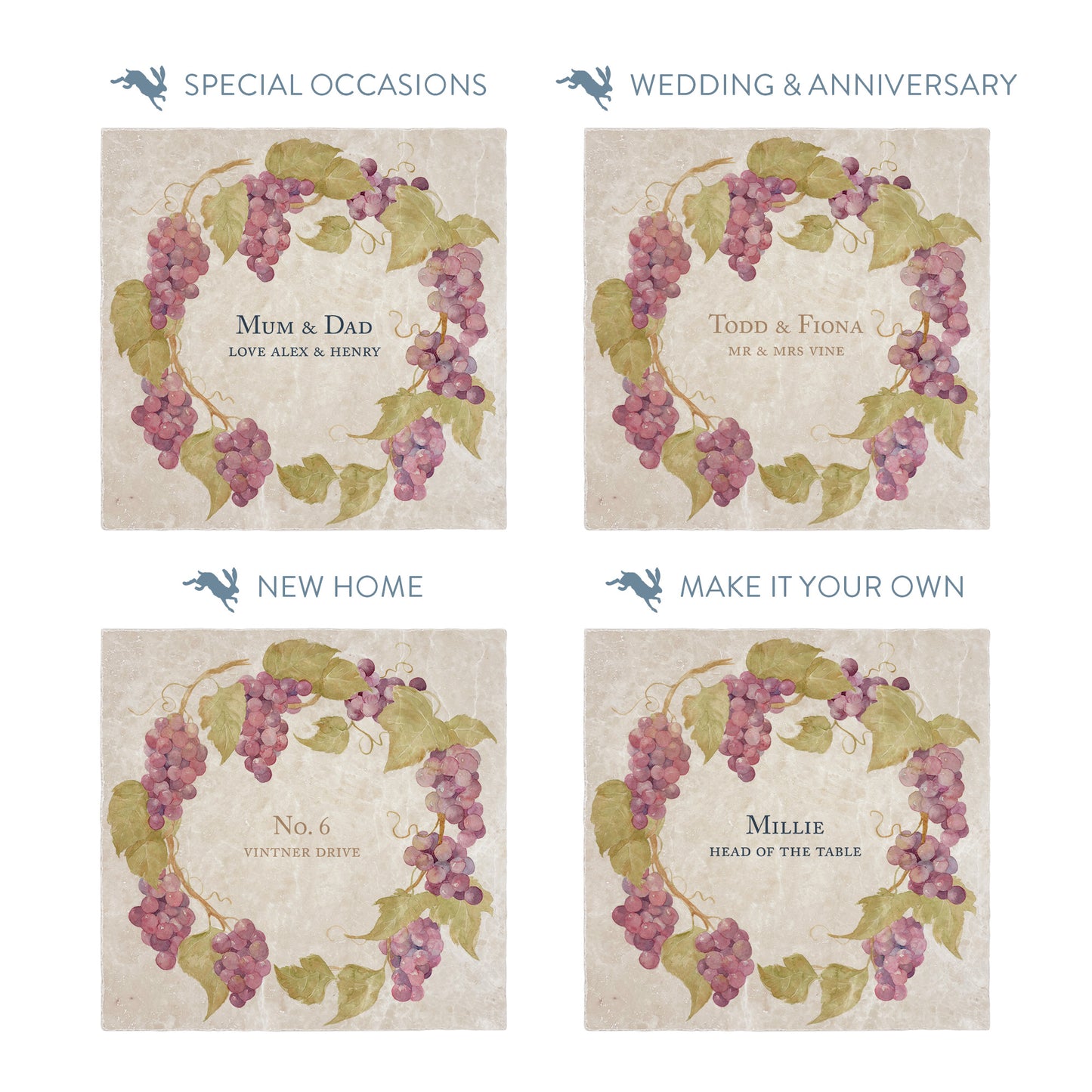 Collection of large marble platters showing the personalisation options available for all occasions including birthdays, weddings, anniversaries and new home gifts.