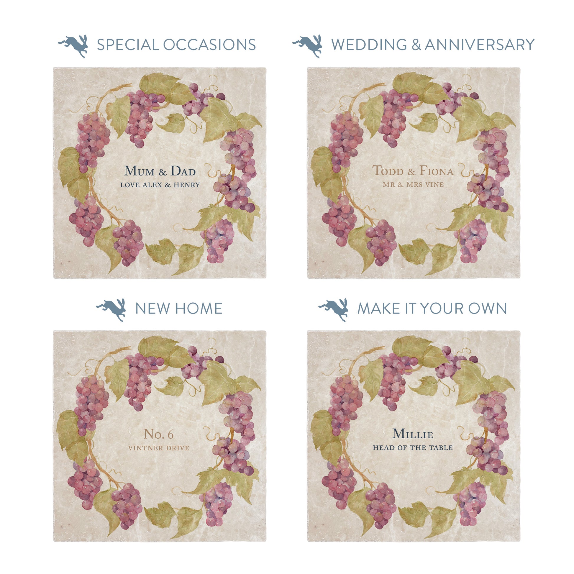 Collection of large marble platters showing the personalisation options available for all occasions including birthdays, weddings, anniversaries and new home gifts.
