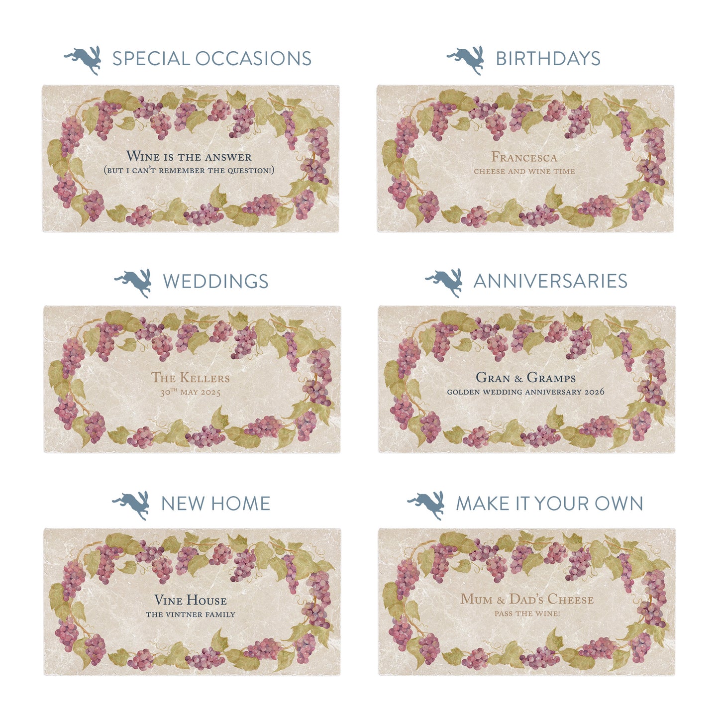 Collection of marble sharing platters showing the personalisation options available for all occasions including birthdays, weddings, anniversaries and new home gifts.