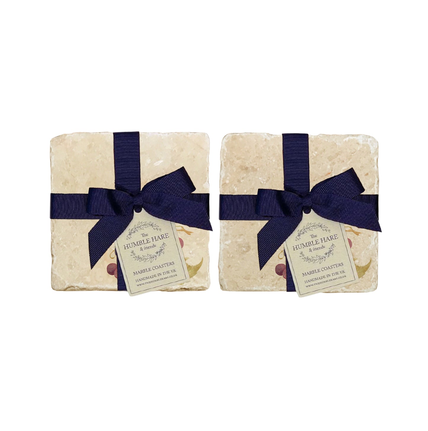 A set of 4 handmade marble coasters featuring a single watercolour bunch of grapes, packaged in 2 pairs, with a luxurious blue bow and gift tag.