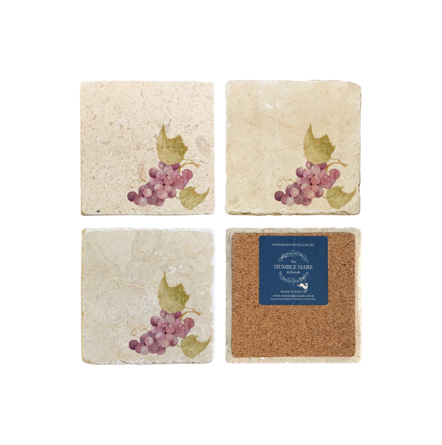 A set of 4 square marble coasters, featuring a single watercolour bunch of grapes. One coaster is flipped to show that the coasters are backed with cork.