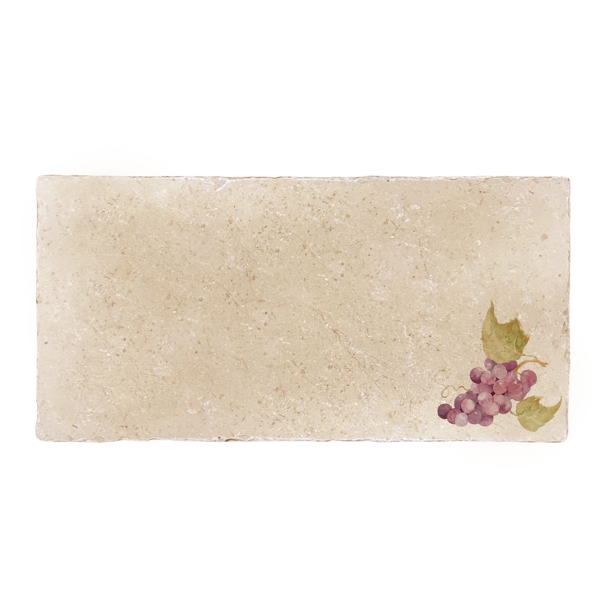 A rectangular marble sharing platter, featuring a watercolour design of a single bunch of grapes with leaves.