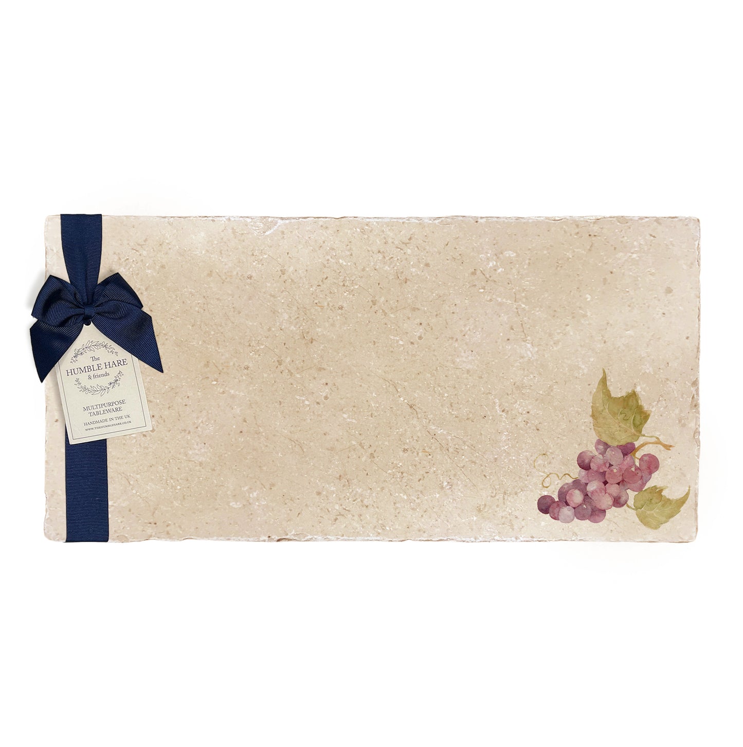 A multipurpose marble sharing platter with a watercolour minimalistic grape vine, packaged with a luxurious dark blue bow and branded gift tag.