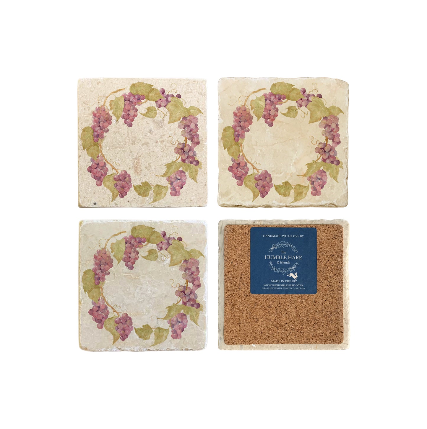 A set of 4 square marble coasters, featuring a watercolour grape vine wreath design. One coaster is flipped to show that the coasters are backed with cork.