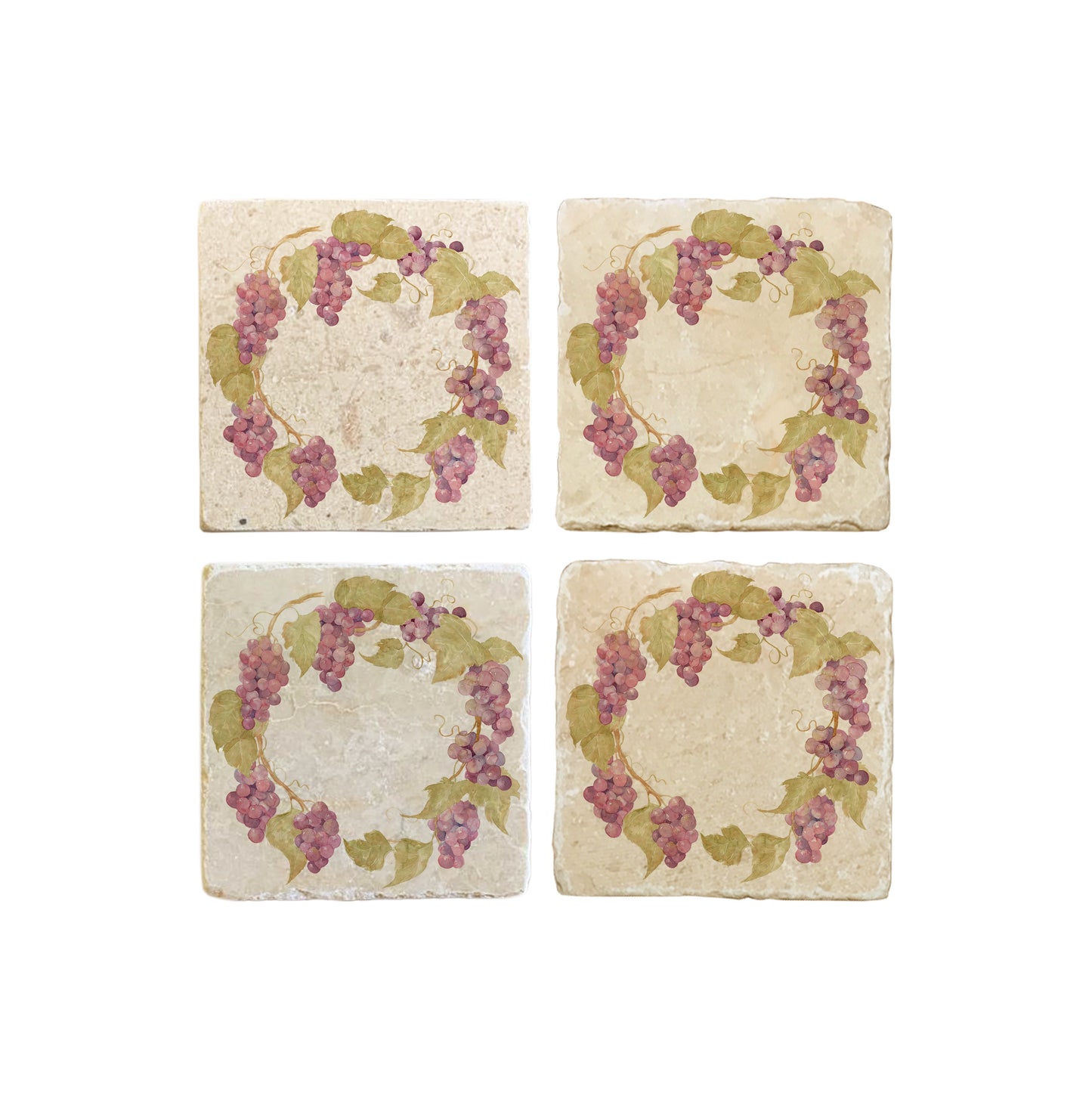 A set of 4 square marble coasters, featuring a rustic watercolour grape vine wreath.