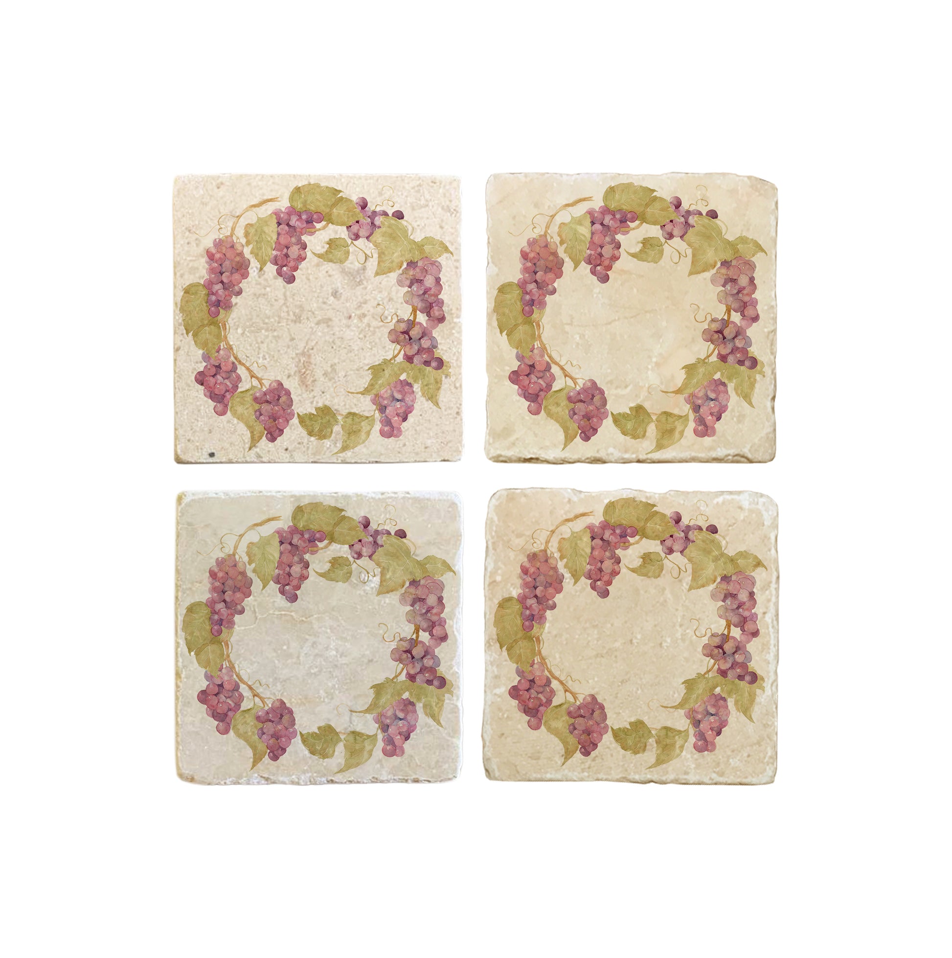 A set of 4 square marble coasters, featuring a rustic watercolour grape vine wreath.