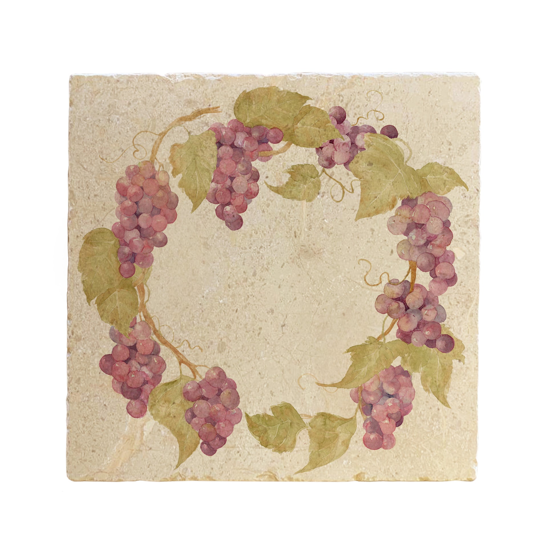 A large square handmade marble placemat, featuring a watercolour grape vine wreath design.