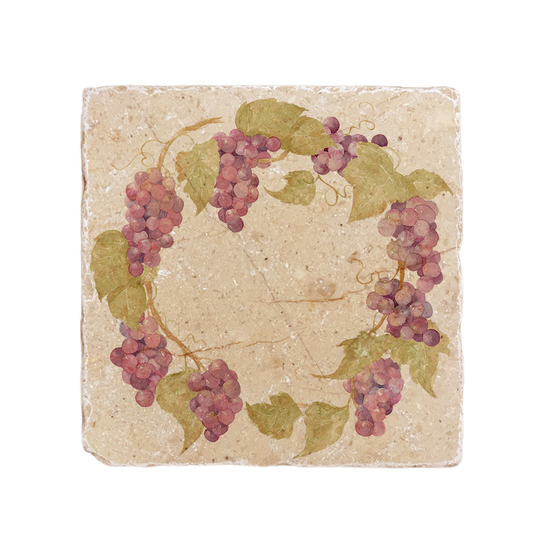 A medium square multipurpose marble platter, featuring a watercolour grape vine wreath design.