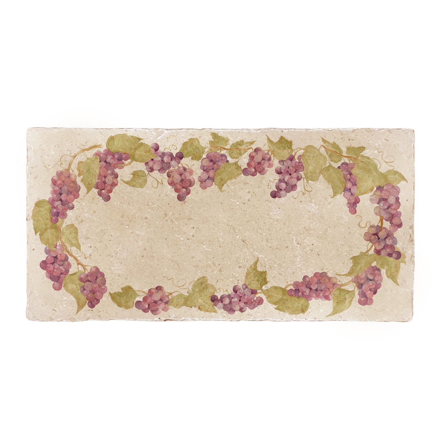 A rectangular marble sharing platter, featuring a watercolour grape vine wreath design that frames the platter.
