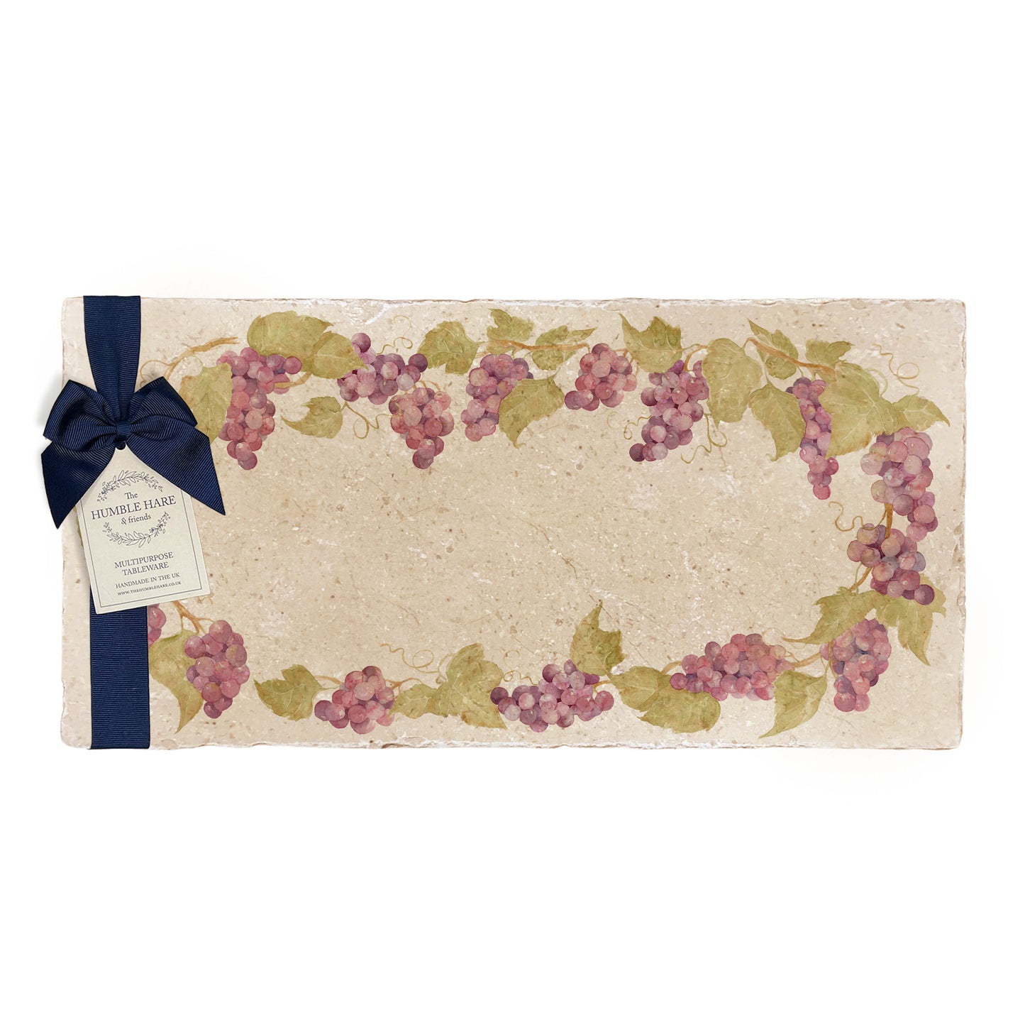 A multipurpose marble sharing platter with a watercolour grape vine wreath design, packaged with a luxurious dark blue bow and branded gift tag.
