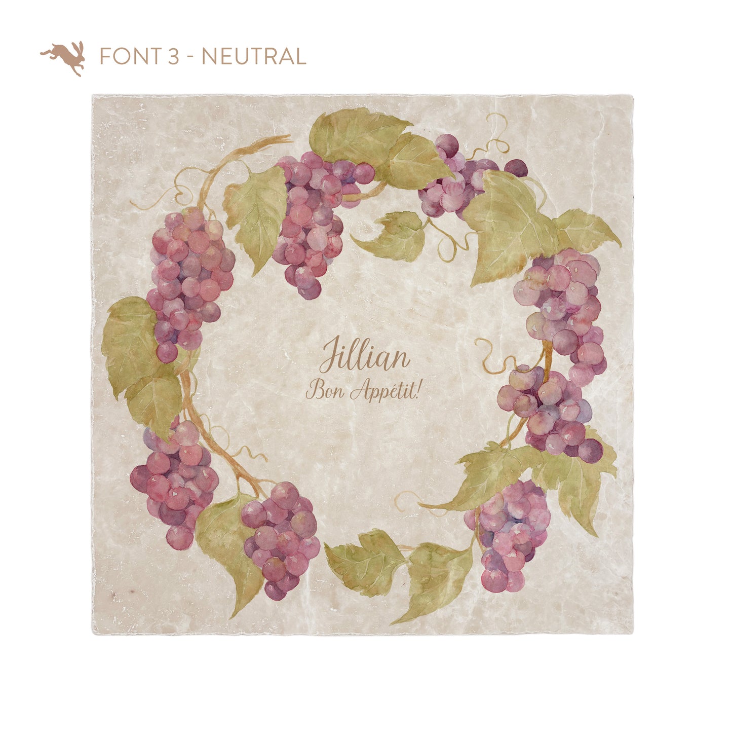 A large square personalised marble placemat with a pear wreath design. The placemat is personalised with a name and 'Bon Appetit!' in a neutral colour brush script font.