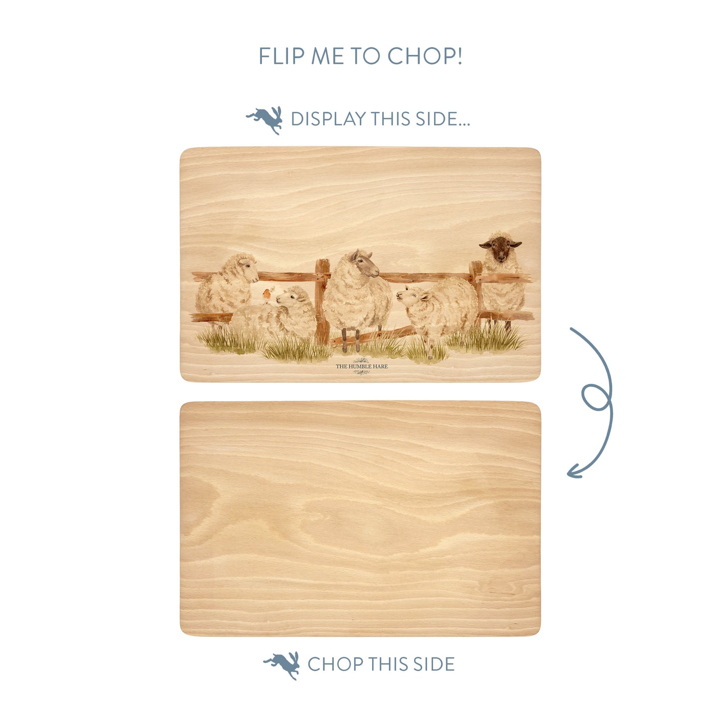 sheep breaking out from the field in a water colour style on our beech wooden chopping board 