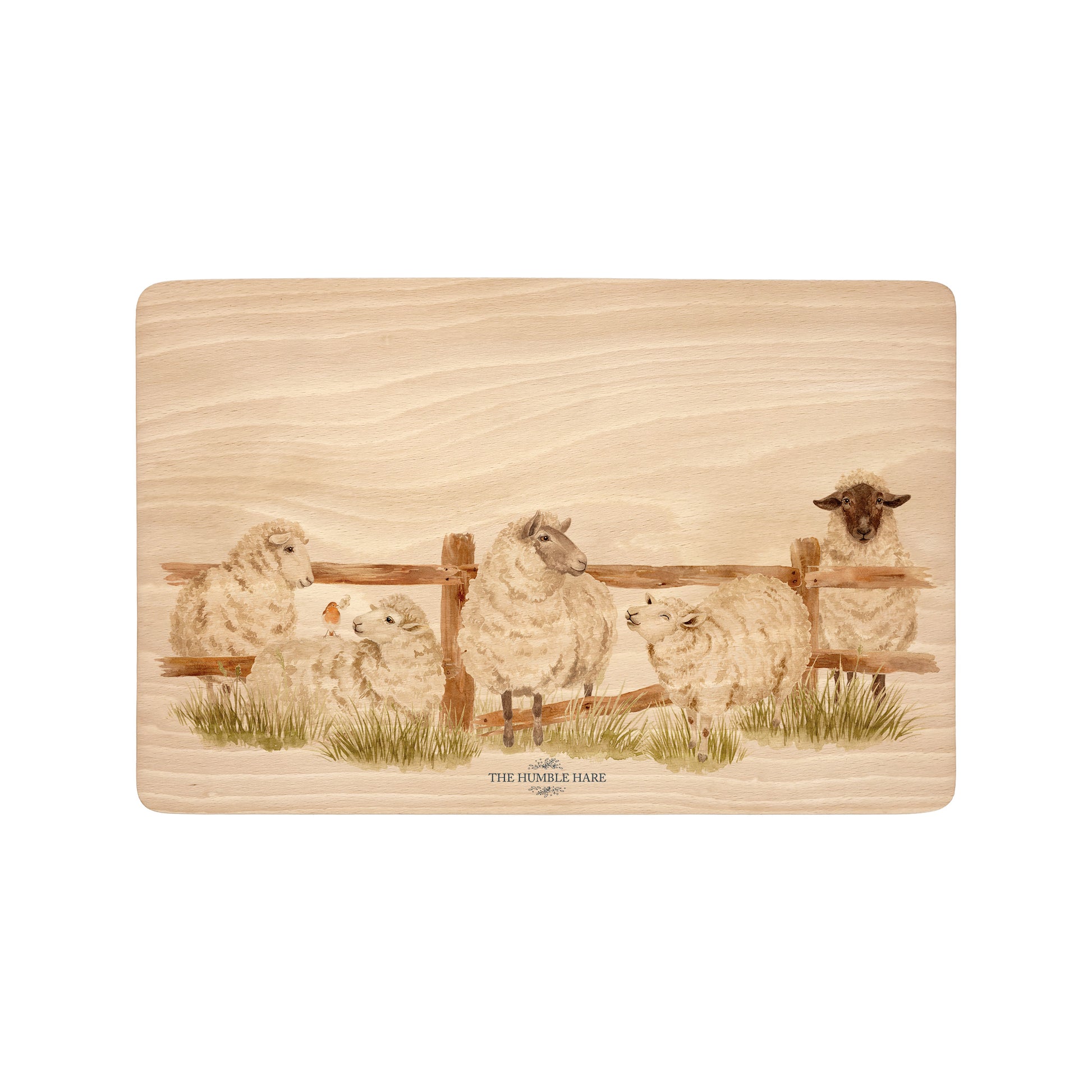 sheep breaking out from the field in a water colour style on our beech wooden chopping board 