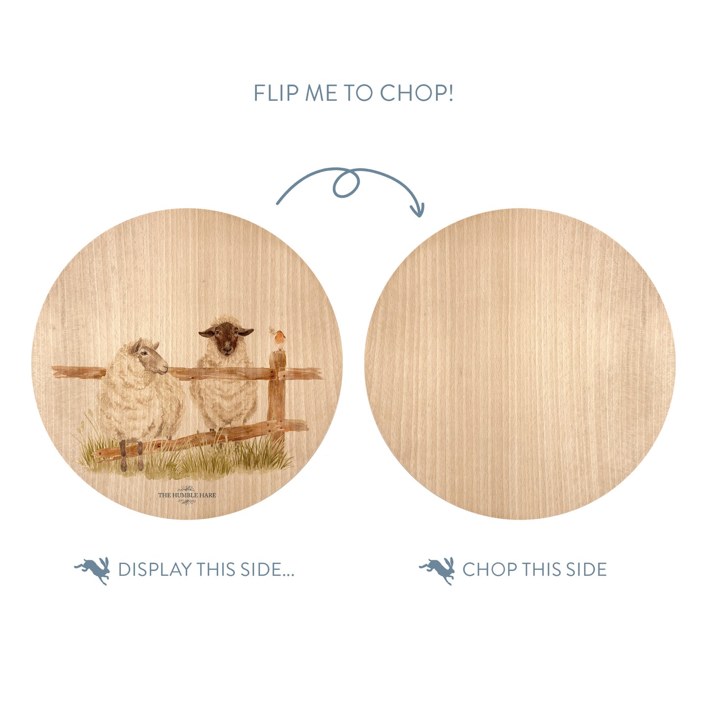Wooden cutting board with a sheep illustration on one side and plain wood on the other, with text indicating which side to display and which to chop.