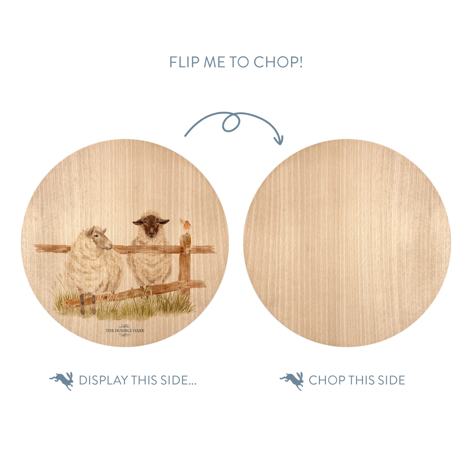 Wooden cutting board with a sheep illustration on one side and plain wood on the other, with text indicating which side to display and which to chop.