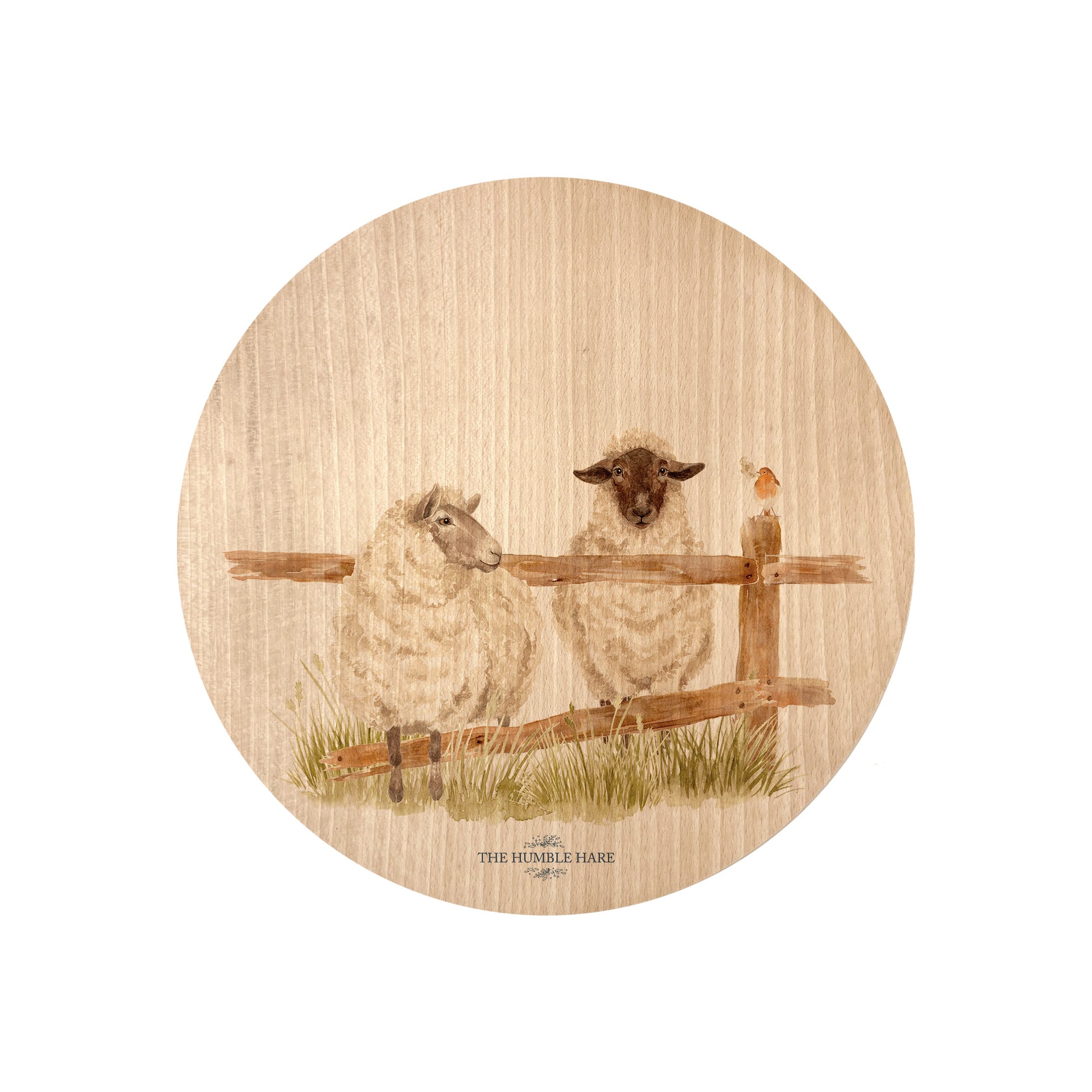Round beech wood chopping board featuring a watercolour design of mischievous sheep escaping their field.