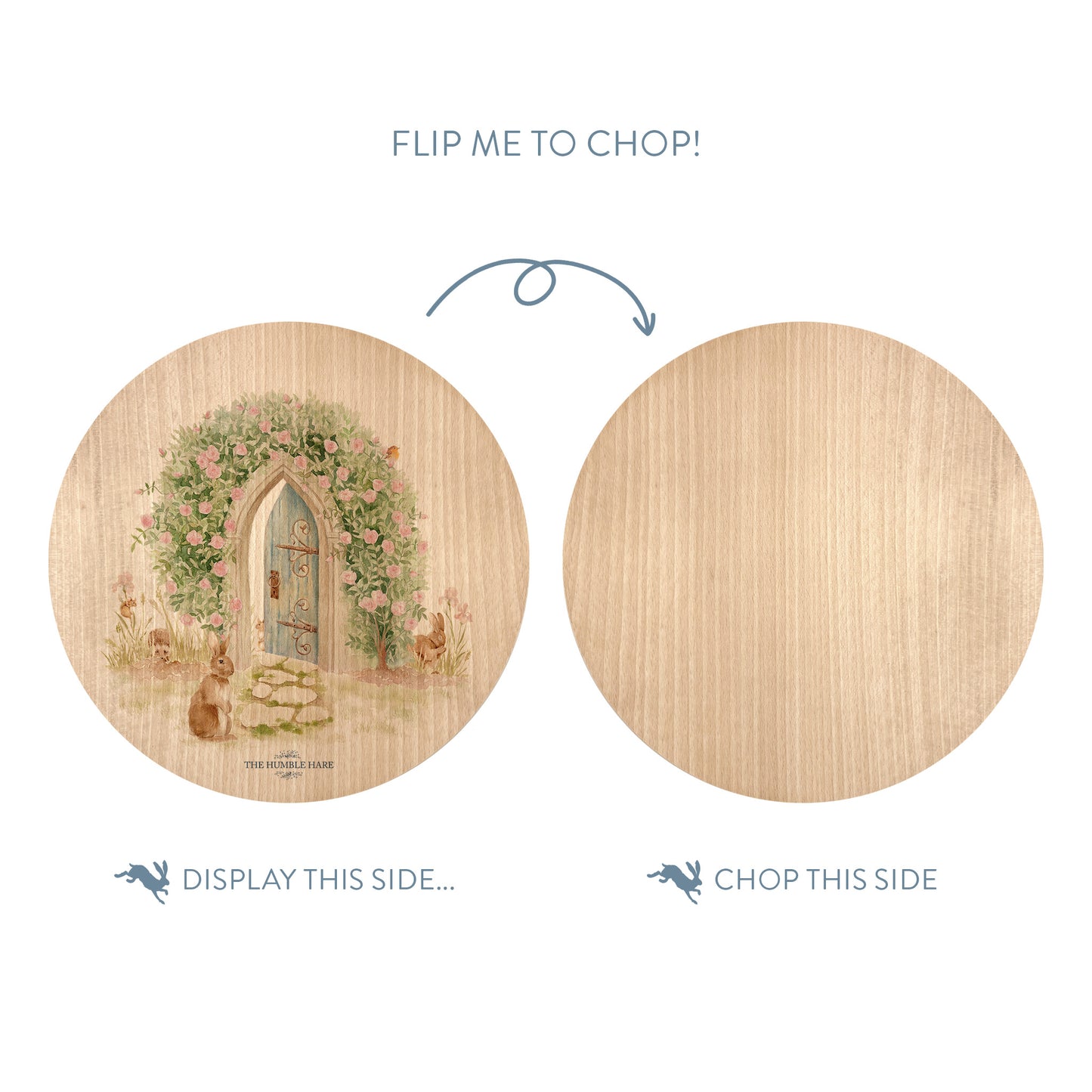 Wooden cutting board with a hidden garden illustration on one side and plain wood on the other, with text indicating which side to display and which to chop.