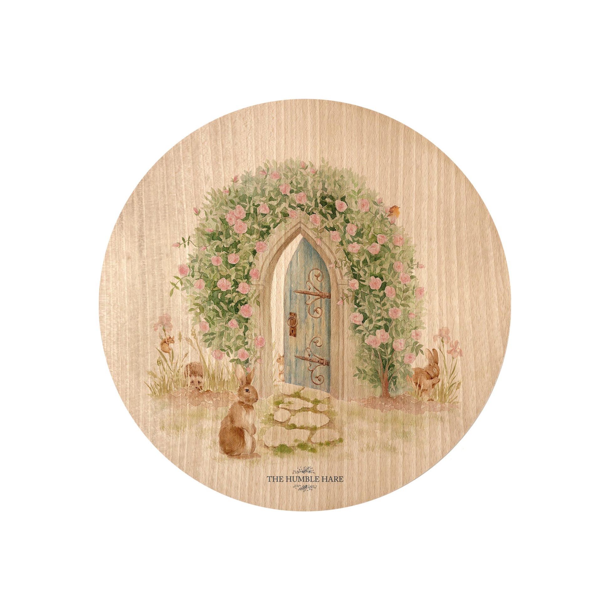 Round beech wood chopping board featuring a watercolour design of hidden garden with roses, rabbits and a hedgehog.