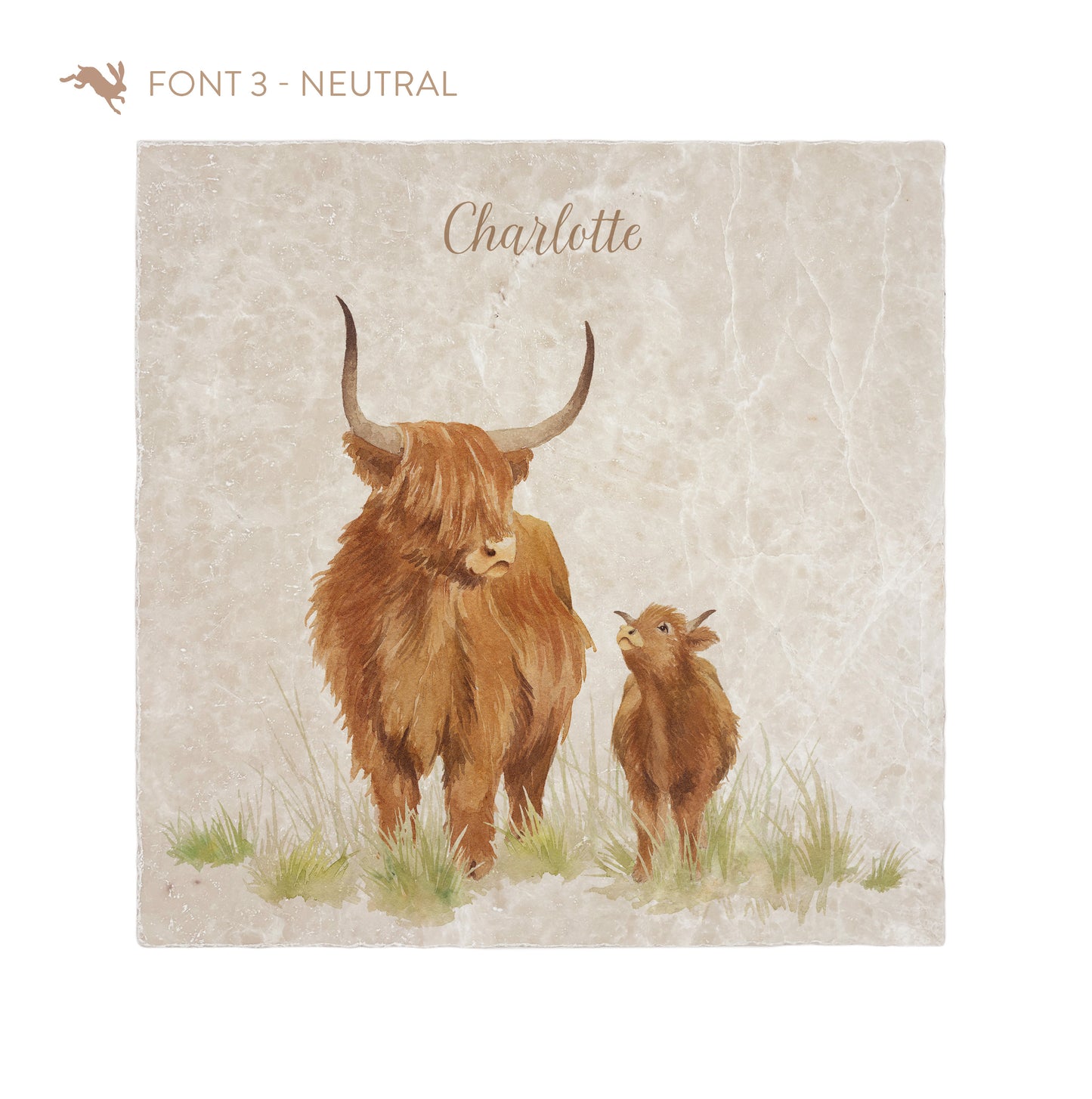 A large square personalised marble placemat with a highland cow and calf design. The placemat is personalised with a name at the top in a neutral colour brush script font.