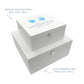 White Square personalised Wooden box with a decorative lid featuring illustrations of children's and baby hand and foot prints. Customisable for the customer to personalise with their own handprints, Perfect funeral memory keepsake box, for storing ashes, order of service, flowers and capturing your loved ones things in one place. 